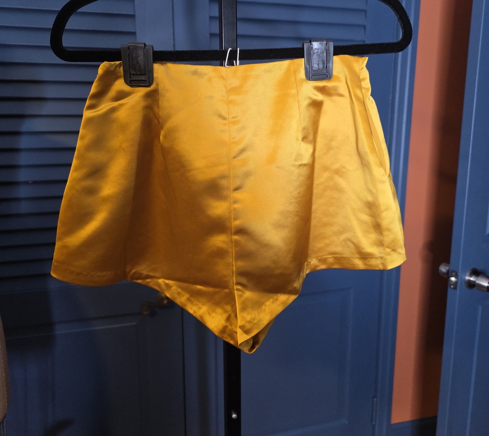 For Love And Lemons Mustard Satin High-Waist Shorts